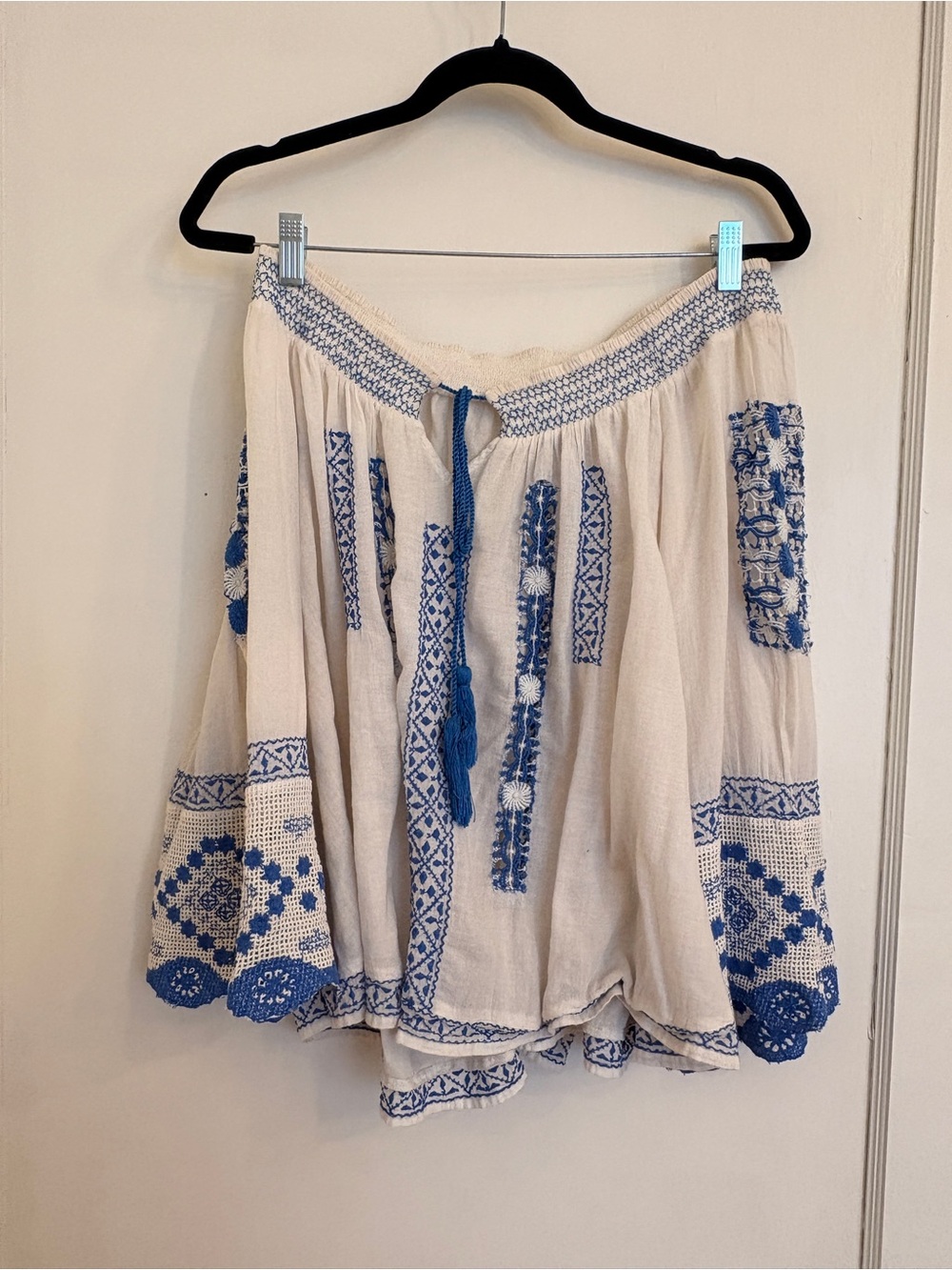 Free People Cream Top with Blue Embroidery